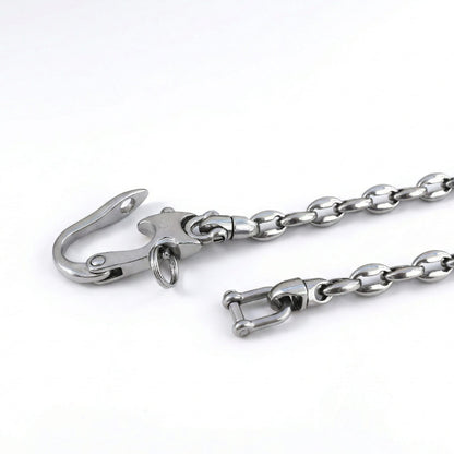 Edelstahl Wallet Chain mit Kaffeebohnenkette, großem Karabiner und Connector auf weißem Hintergrund, tragbar als Hosenkette oder Schlüsselkette.