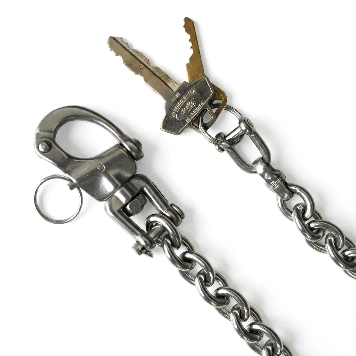 Heavy stainless steel wallet chain used as a key holder with swivel clasp, key ring and solid connector.