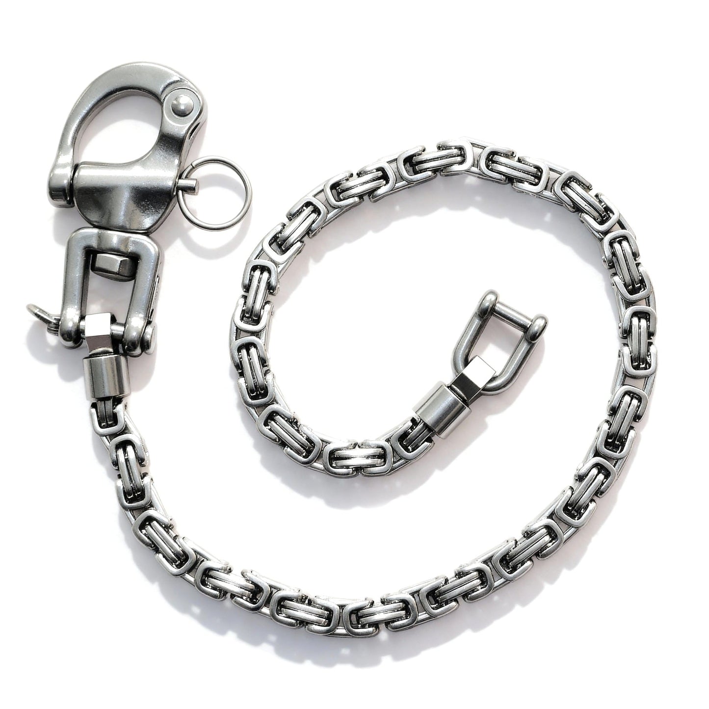 Edelstahl Wallet Chain als Königskette mit 360° Karabiner, Connector und D-Ring auf weißem Hintergrund – robuste Hosenkette für Jeans, Geldbörse und Schlüssel.
