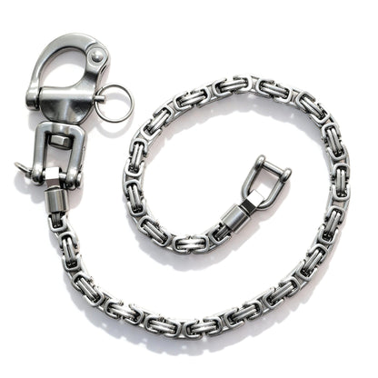 Edelstahl Wallet Chain als Königskette mit 360° Karabiner, Connector und D-Ring auf weißem Hintergrund – robuste Hosenkette für Jeans, Geldbörse und Schlüssel.