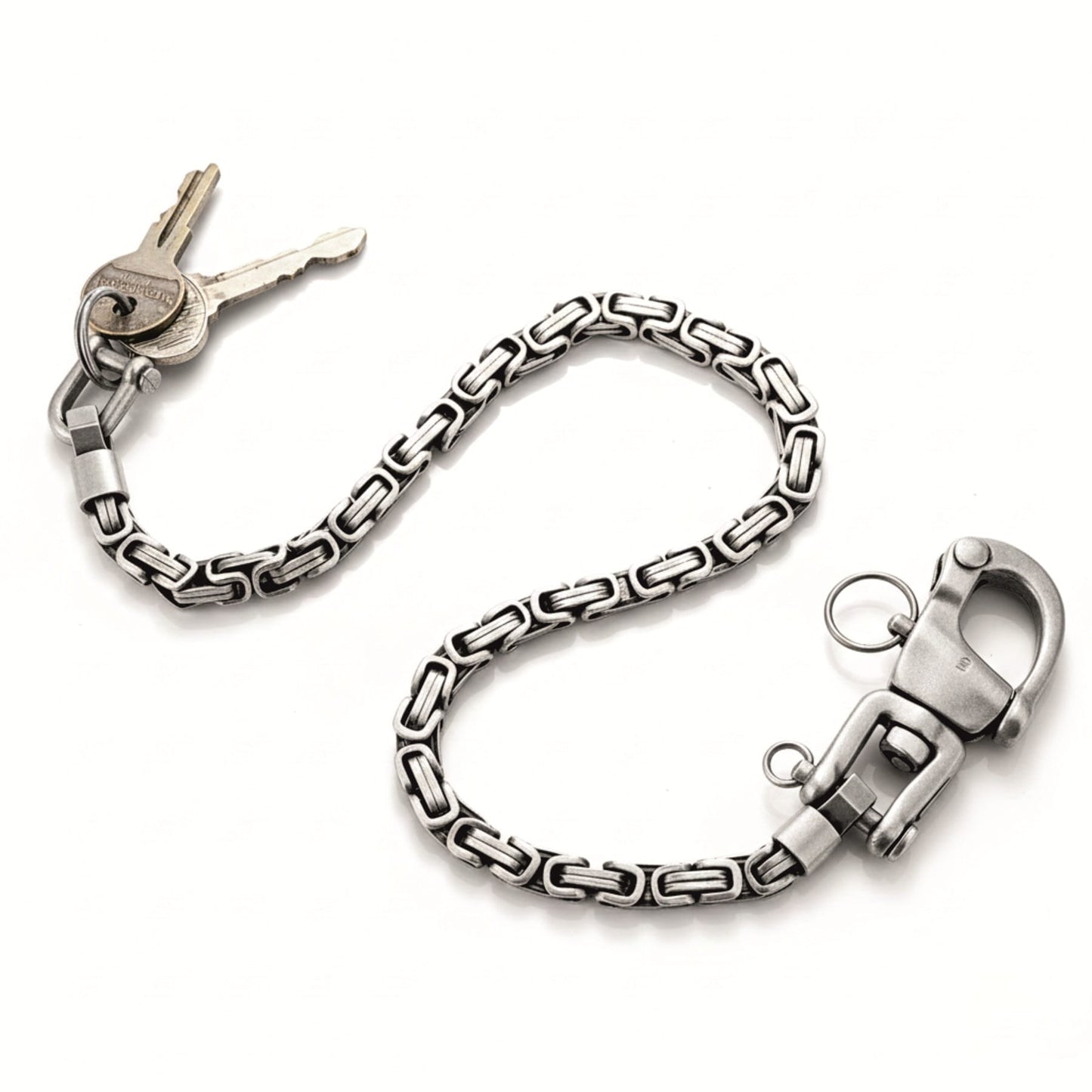 Edelstahl Wallet Chain als Königskette mit Schlüsselbund und 360° Karabiner auf weißem Hintergrund – robuste Hosenkette und Key Chain für Jeans und Alltag.
