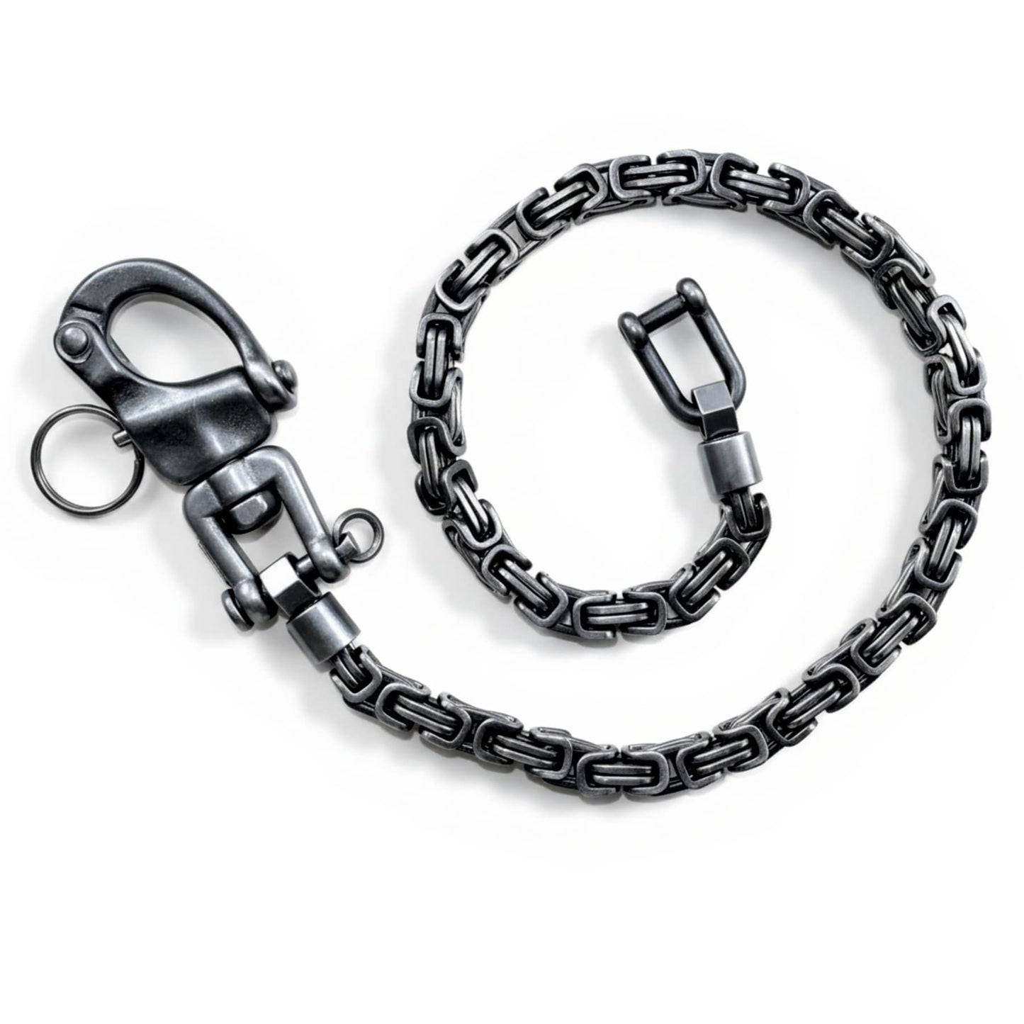 Geschwärzte Edelstahl Wallet Chain als Königskette im Vintage Look mit 360° Karabiner und Connector – robuste Hosenkette und Pants Chain für Biker Style, Jeans und Denim.