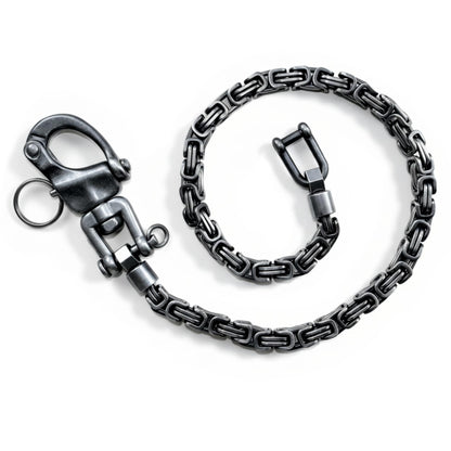 Geschwärzte Edelstahl Wallet Chain als Königskette im Vintage Look mit 360° Karabiner und Connector – robuste Hosenkette und Pants Chain für Biker Style, Jeans und Denim.
