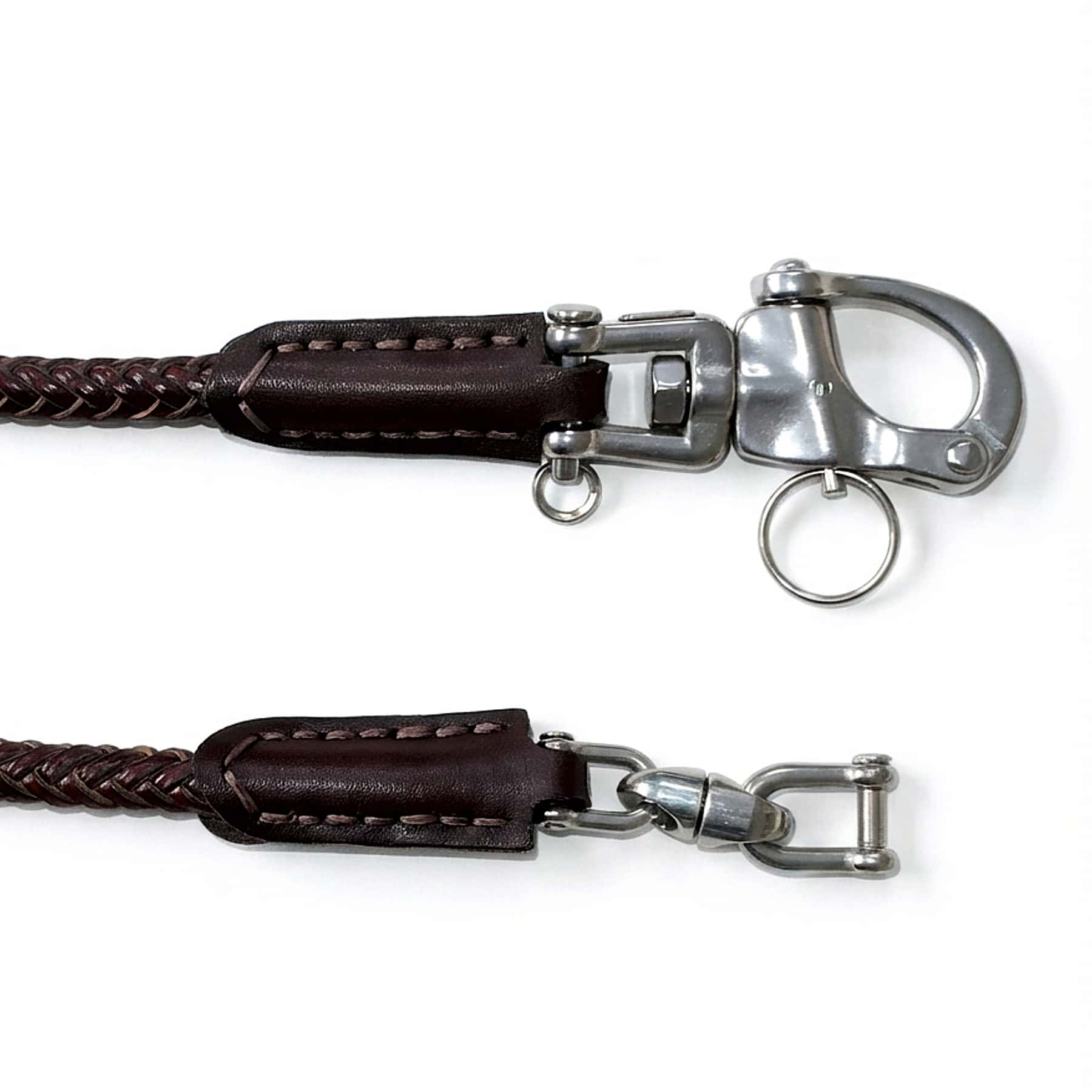 Leder Geldbeutelkette mit Edelstahl-Karabiner, Connector, Sicherung und 360°-Drehgelenken an beiden Seiten.