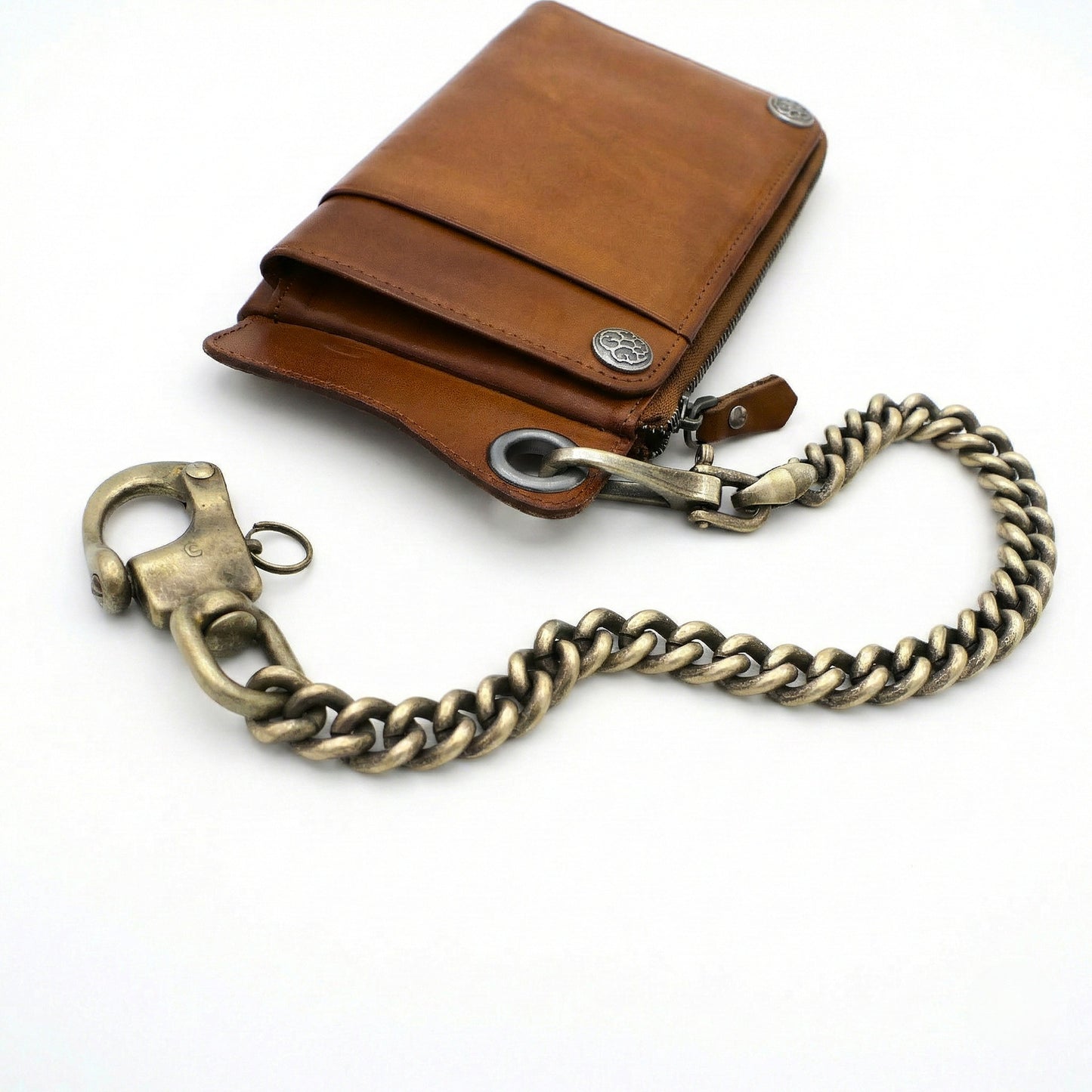 Massive Messing Geldbeutelkette am Leder-Geldbeutel mit Panzerkette, Karabiner mit Sicherung und Vintage-Finish.