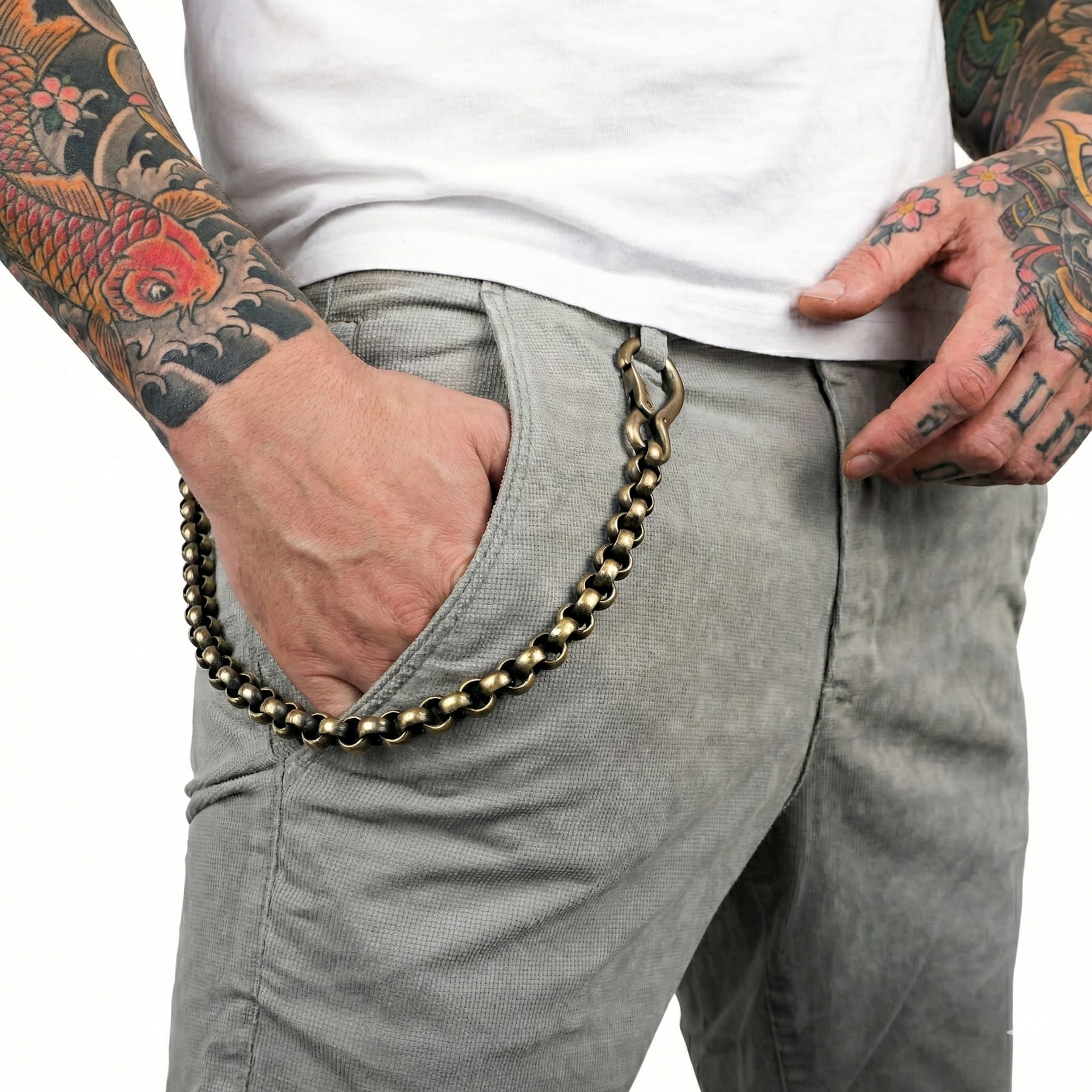 Messing Wallet Chain im Vintage Look als Hosenkette für Biker und Rocker getragen