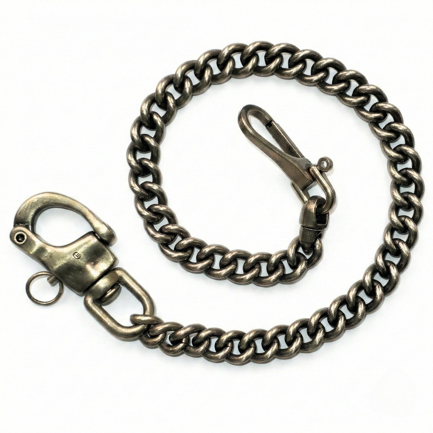 Massive Messing Geldbeutelkette mit Panzerkette, Karabiner mit Sicherung, wechselbarem Connector und Vintage-Finish.