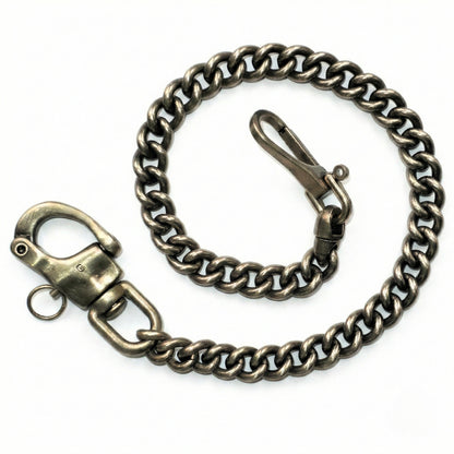 Massive Messing Geldbeutelkette mit Panzerkette, Karabiner mit Sicherung, wechselbarem Connector und Vintage-Finish.