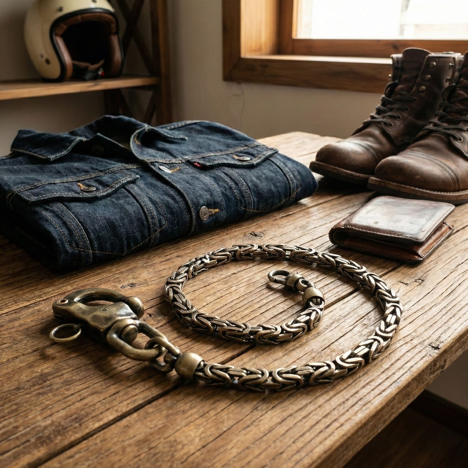 Messing Wallet Chain im Heritage Vintage Style auf Holztisch mit Jeans Boots und Leder Wallet