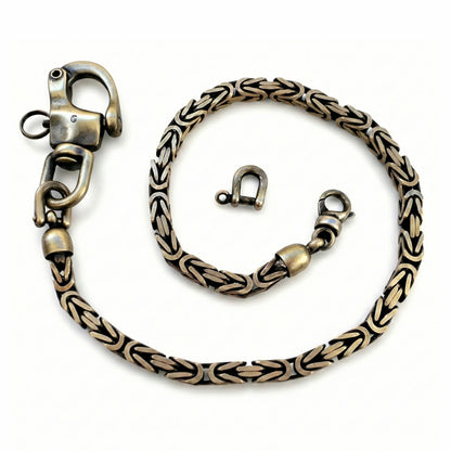 Massive Messing Wallet Chain als Königskette im Vintage-Look mit gesichertem Karabiner, 360°-Drehgelenken und Zubehör für Jeans, Schlüssel und Geldbörse.