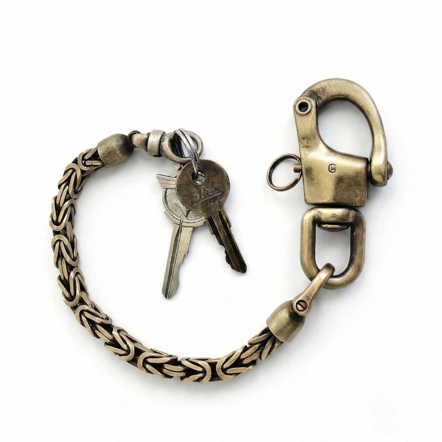 Messing Wallet Chain im Vintage-Look als Schlüsselkette mit massivem Karabiner, Königskette und Schlüsselring für Biker, Rocker und Heritage Style.