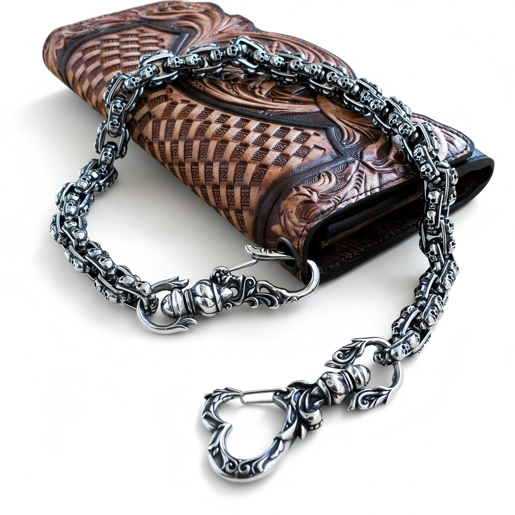 Skull Wallet Chain aus Edelstahl am geprägten Leder Wallet im Gothic Biker Style