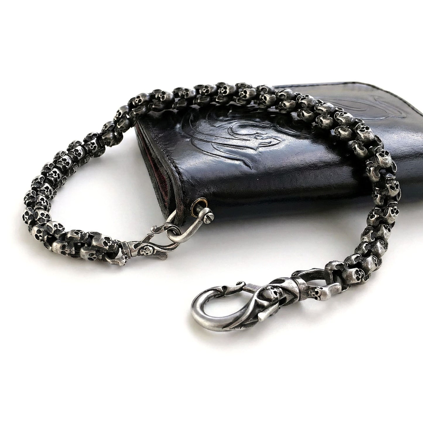 Skull Wallet Chain aus Edelstahl mit schwarzem Leder Wallet im Gothic Biker Style